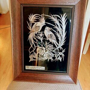 Vintage Middle Eastern Artwork Silver Metal Wire Design on Black 14x18